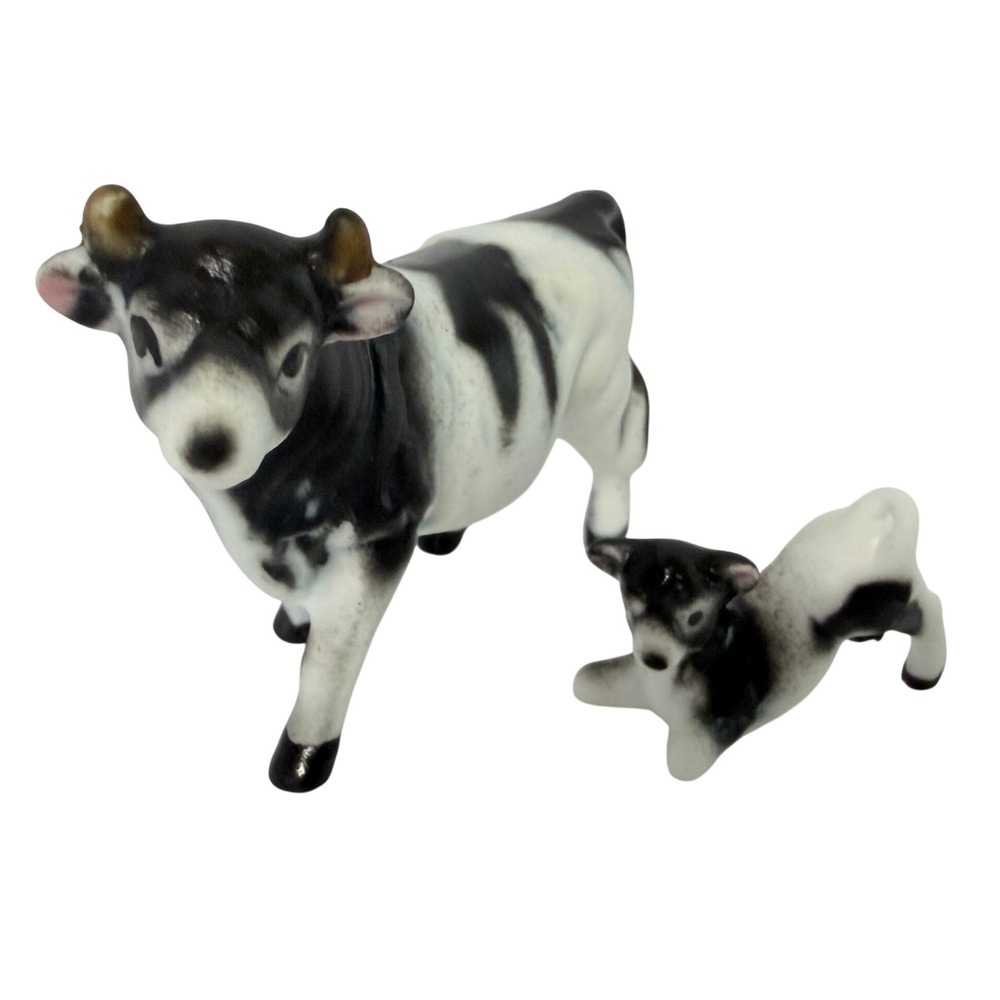 Vintage Bone China Miniature Cow and Calf Figurines Japan Black White Set of 2